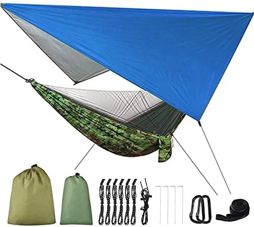 Camping Hammock Outdoor 2 in 1 Lightweight Portable Outdoor Mosquito Net Hammock Tent with Waterproof Canopy Awning Netting Set-C