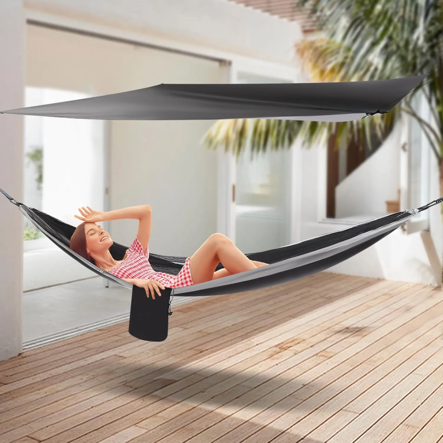 Camping Hammock, Portable Hammock with Net Tent and Rain Fly Tarp, 440.9 lbs Load-Bearing Capacity, for Indoor Outdoor Hiking Survival Travel (Black/Grey)