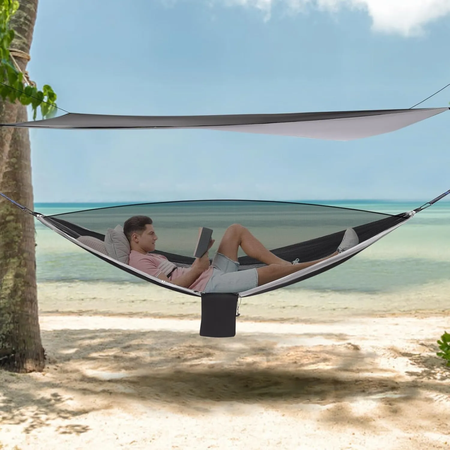Camping Hammock, Portable Hammock with Net Tent and Rain Fly Tarp, 440.9 lbs Load-Bearing Capacity, for Indoor Outdoor Hiking Survival Travel (Black/Grey)