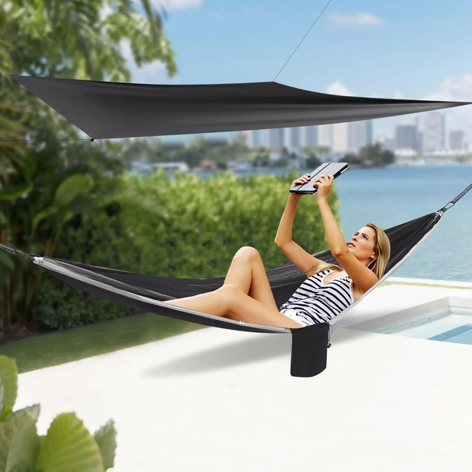Camping Hammock, Portable Hammock with Net Tent and Rain Fly Tarp, 440.9 lbs Load-Bearing Capacity, for Indoor Outdoor Hiking Survival Travel (Black/Grey)