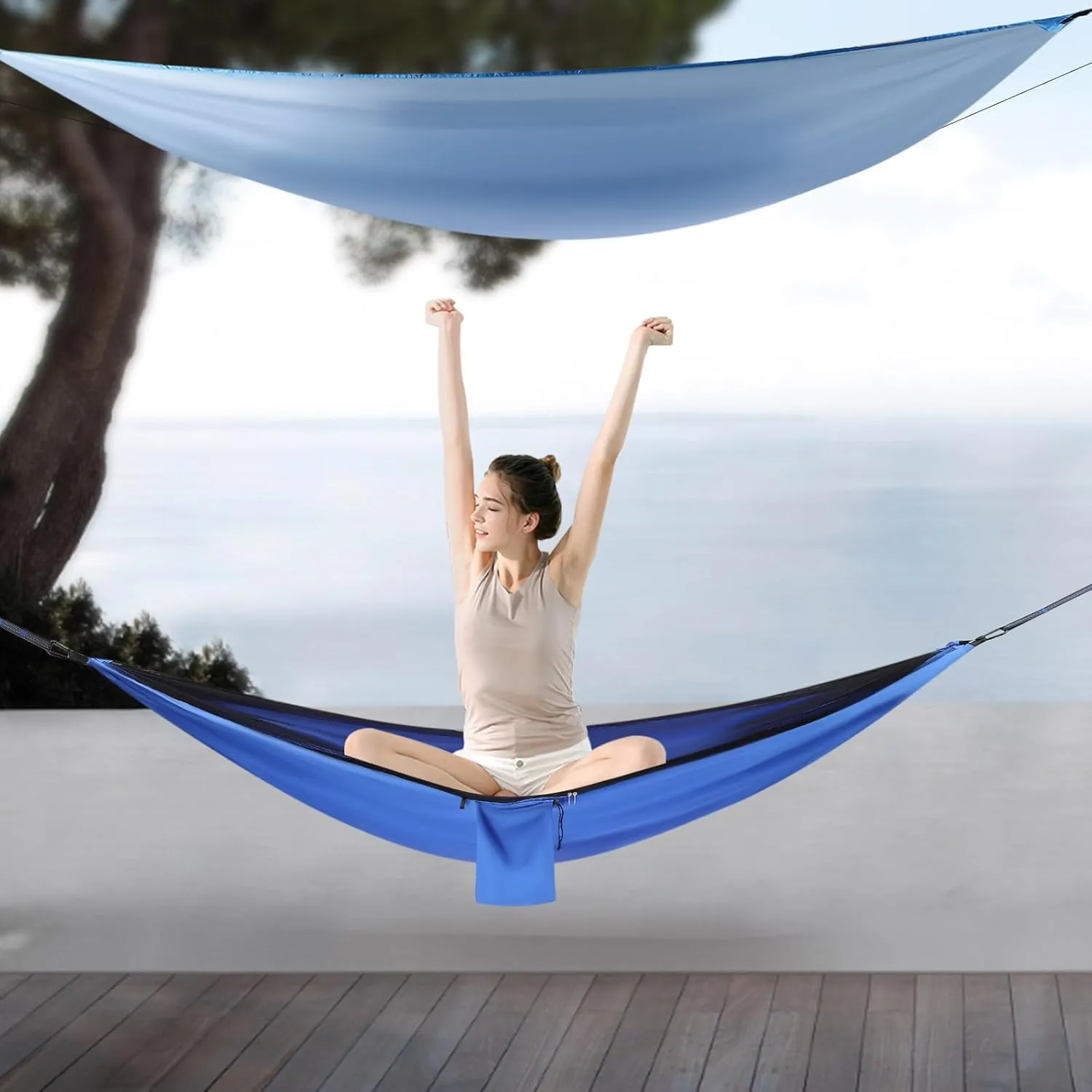 Camping Hammock, Portable Hammock with Net Tent and Rain Fly Tarp, 440.9 lbs Load-Bearing Capacity, for Indoor Outdoor Hiking Survival Travel (Blue)