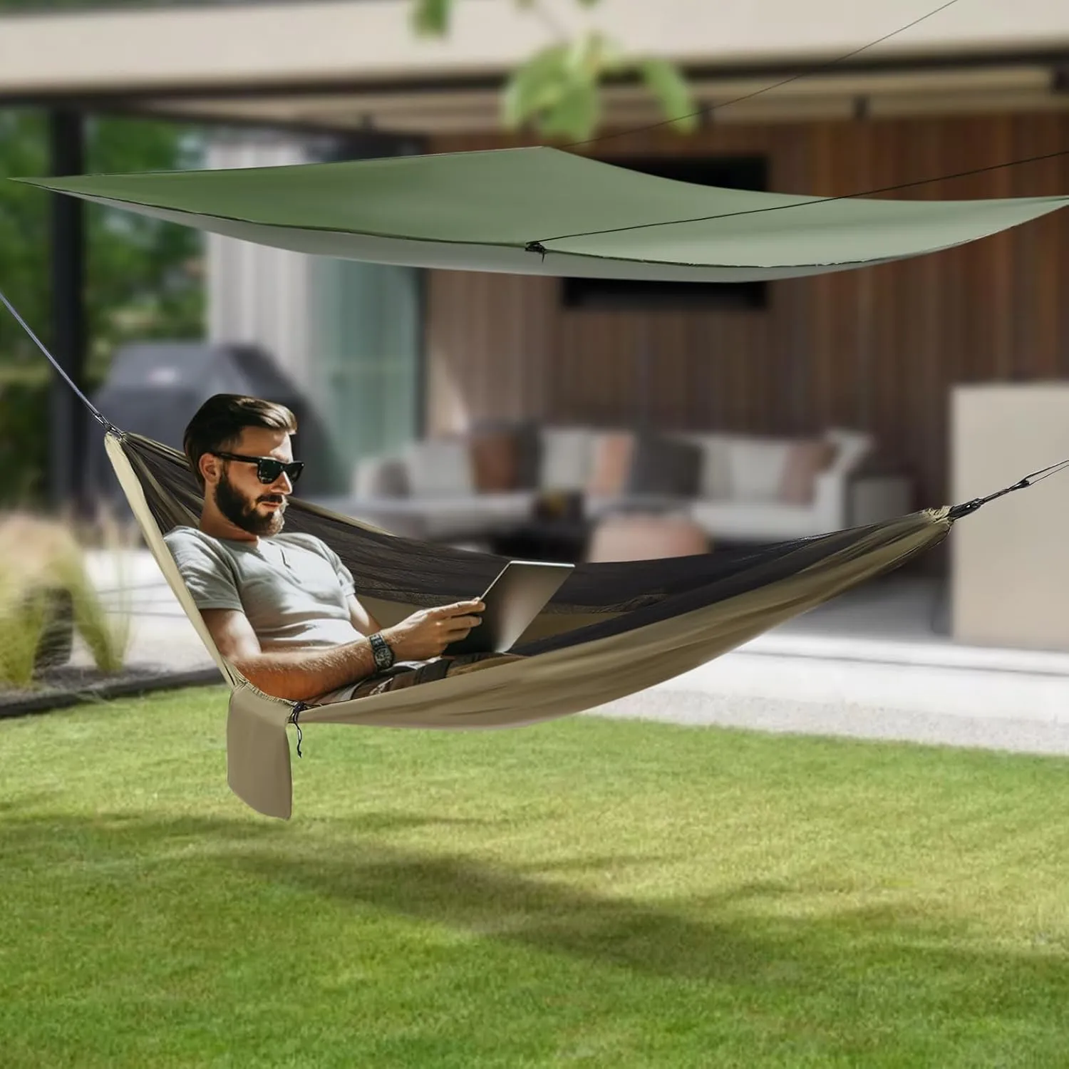 Camping Hammock, Portable Hammocks with Mosquito Net Tent and Rain Fly Tarp,Heavy Duty Tree Strap Nylon Parachute Hammock for Outdoor Backpacking Hiking Camping Traveling 440Lbs (Army Green)