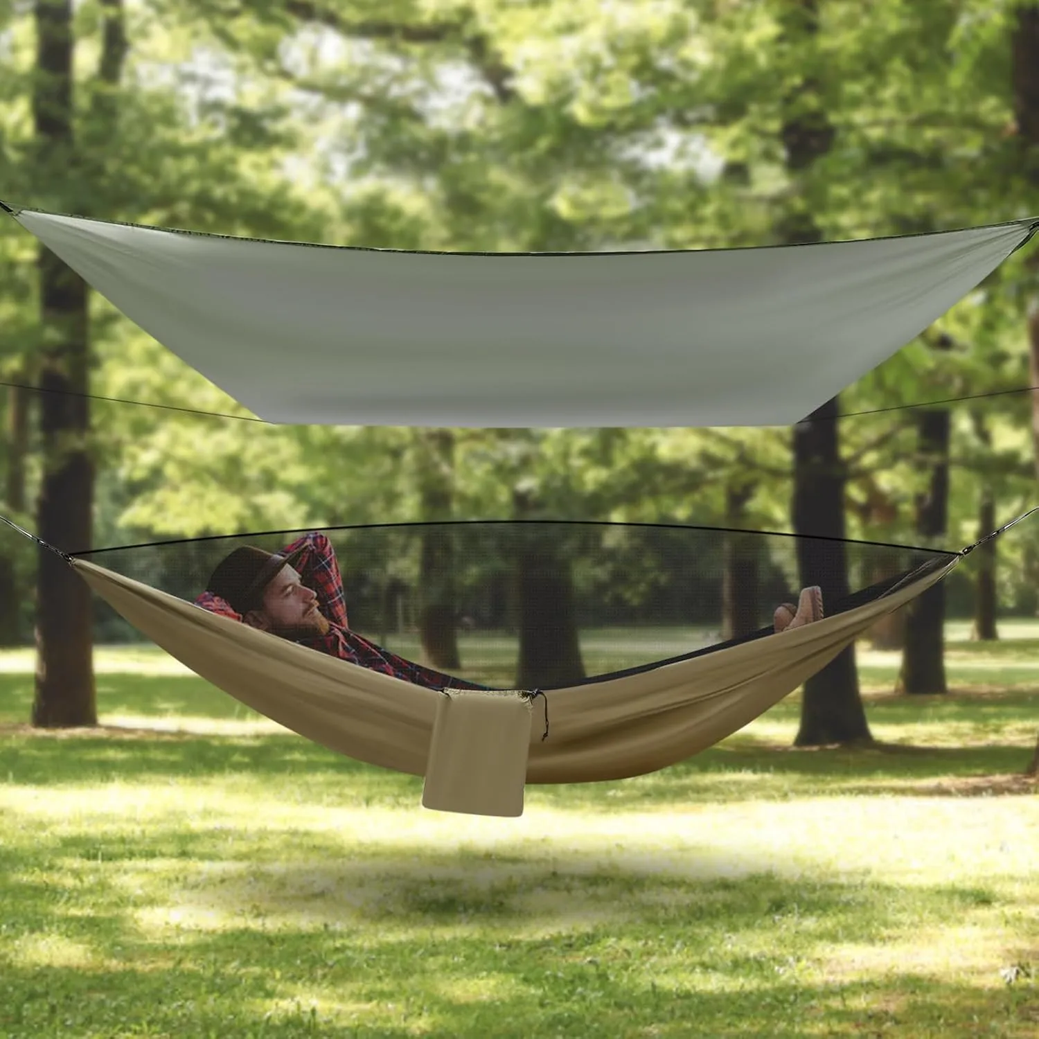 Camping Hammock, Portable Hammocks with Mosquito Net Tent and Rain Fly Tarp,Heavy Duty Tree Strap Nylon Parachute Hammock for Outdoor Backpacking Hiking Camping Traveling 440Lbs (Army Green)