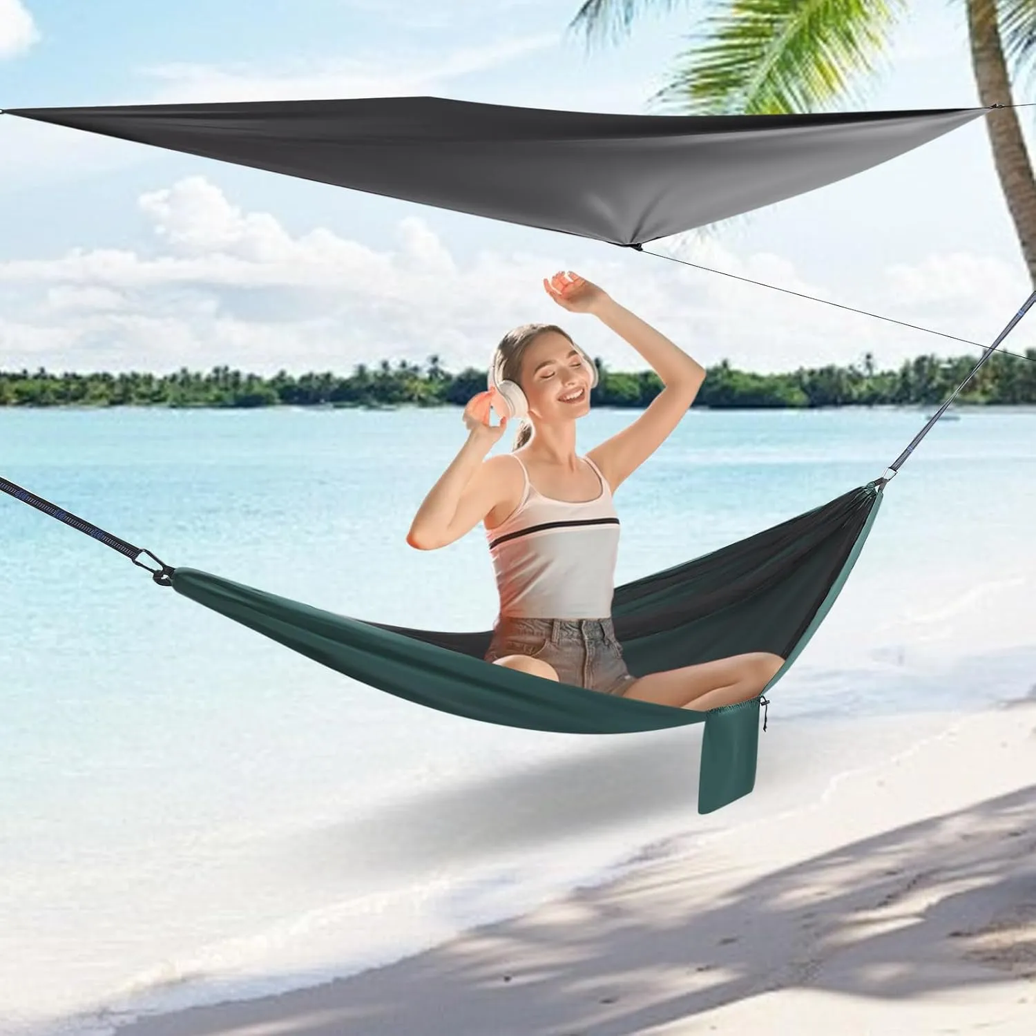 Camping Hammock, Portable Hammocks with Mosquito Net Tent and Rain Fly Tarp,Heavy Duty Tree Strap Nylon Parachute Hammock for Outdoor Backpacking Hiking Camping Traveling 440Lbs (Black Blackish Green)