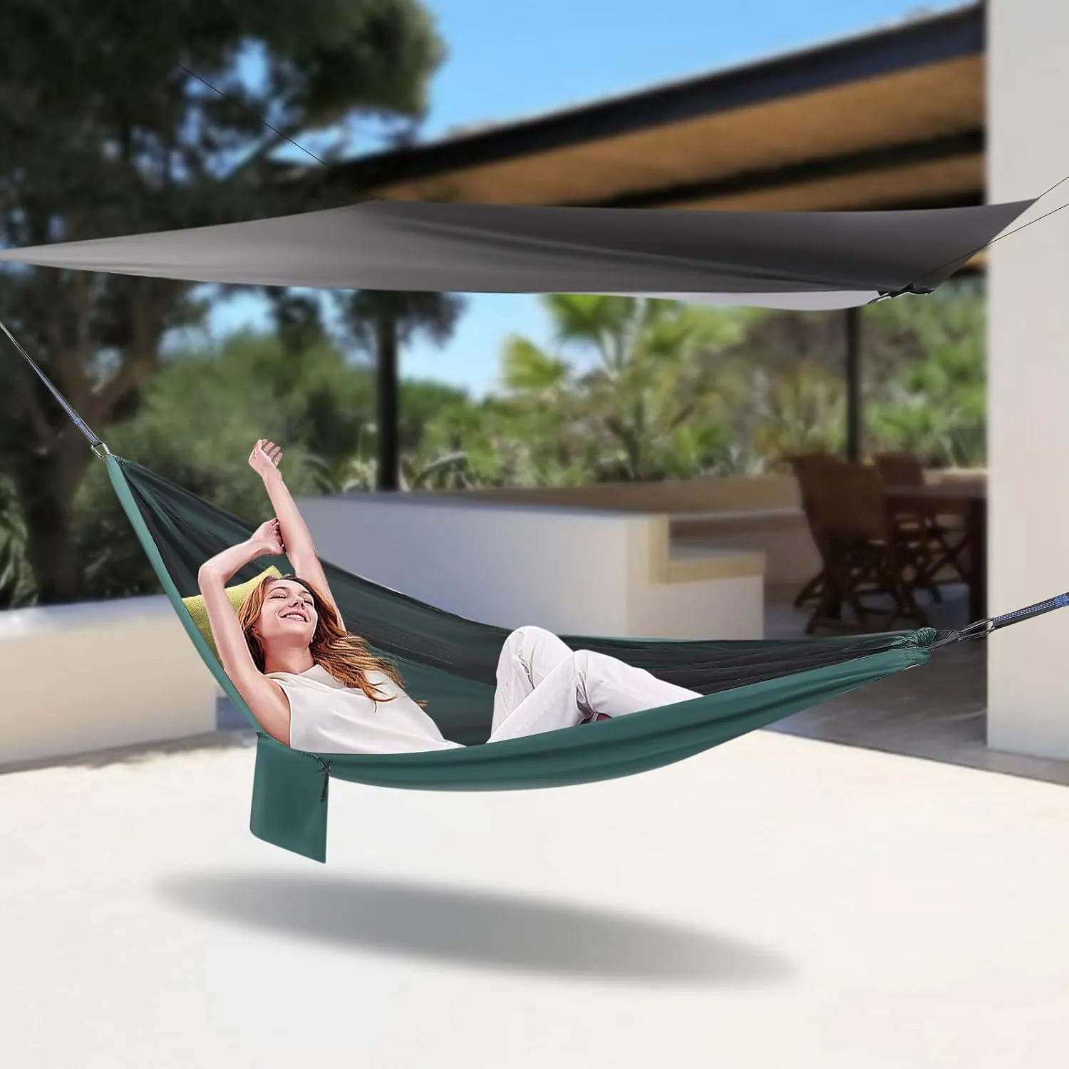 Camping Hammock, Portable Hammocks with Mosquito Net Tent and Rain Fly Tarp,Heavy Duty Tree Strap Nylon Parachute Hammock for Outdoor Backpacking Hiking Camping Traveling 440Lbs (Black Blackish Green)