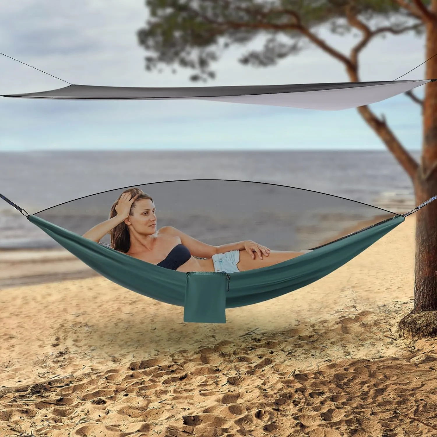 Camping Hammock, Portable Hammocks with Mosquito Net Tent and Rain Fly Tarp,Heavy Duty Tree Strap Nylon Parachute Hammock for Outdoor Backpacking Hiking Camping Traveling 440Lbs (Black Blackish Green)