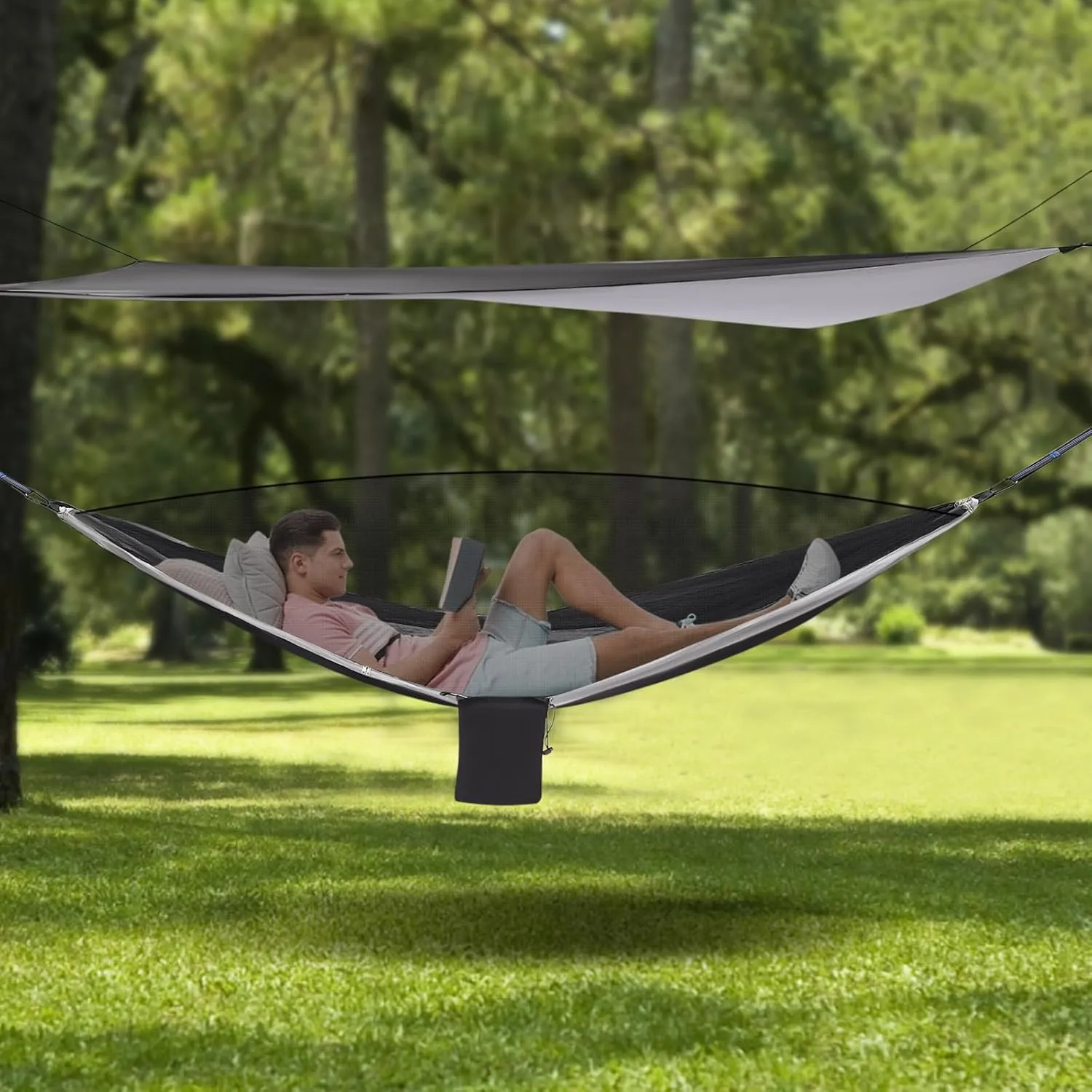 Camping Hammock, Portable Hammocks with Mosquito Net Tent and Rain Fly Tarp,Heavy Duty Tree Strap Nylon Parachute Hammock for Outdoor Backpacking Hiking Camping Traveling 440Lbs (Black Grey)