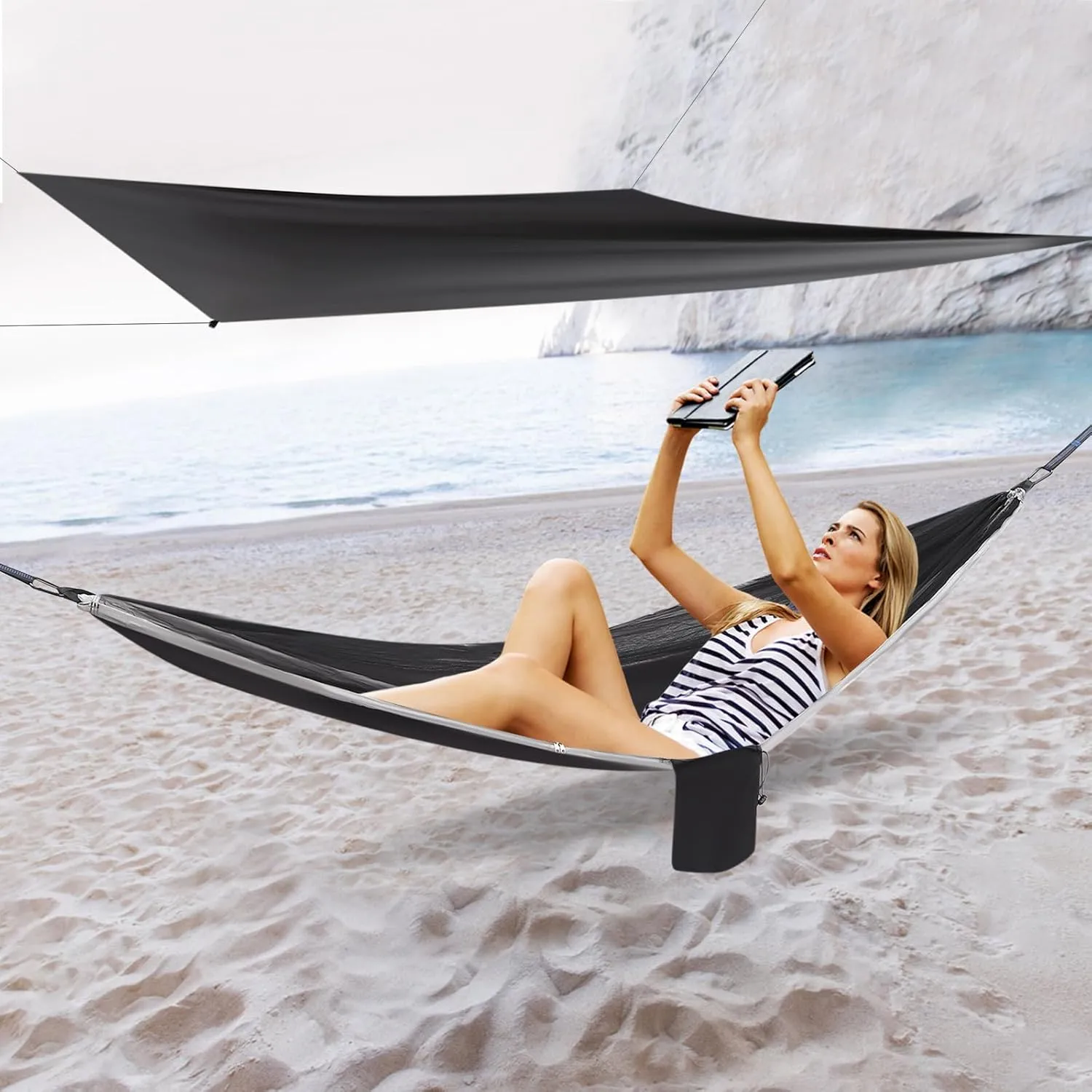 Camping Hammock, Portable Hammocks with Mosquito Net Tent and Rain Fly Tarp,Heavy Duty Tree Strap Nylon Parachute Hammock for Outdoor Backpacking Hiking Camping Traveling 440Lbs (Black Grey)