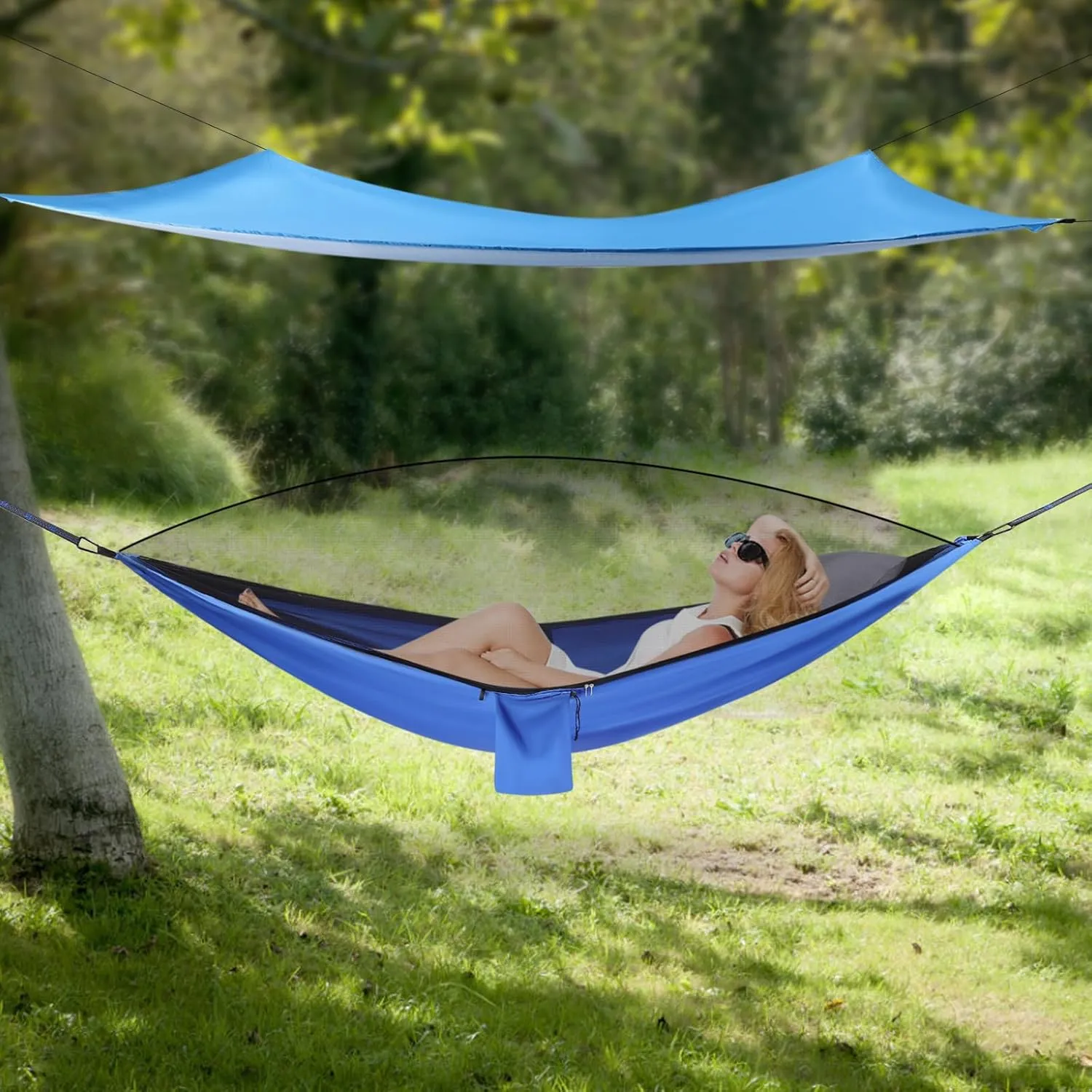 Camping Hammock, Portable Hammocks with Mosquito Net Tent and Rain Fly Tarp,Heavy Duty Tree Strap Nylon Parachute Hammock for Outdoor Backpacking Hiking Camping Traveling 440Lbs (Blue)
