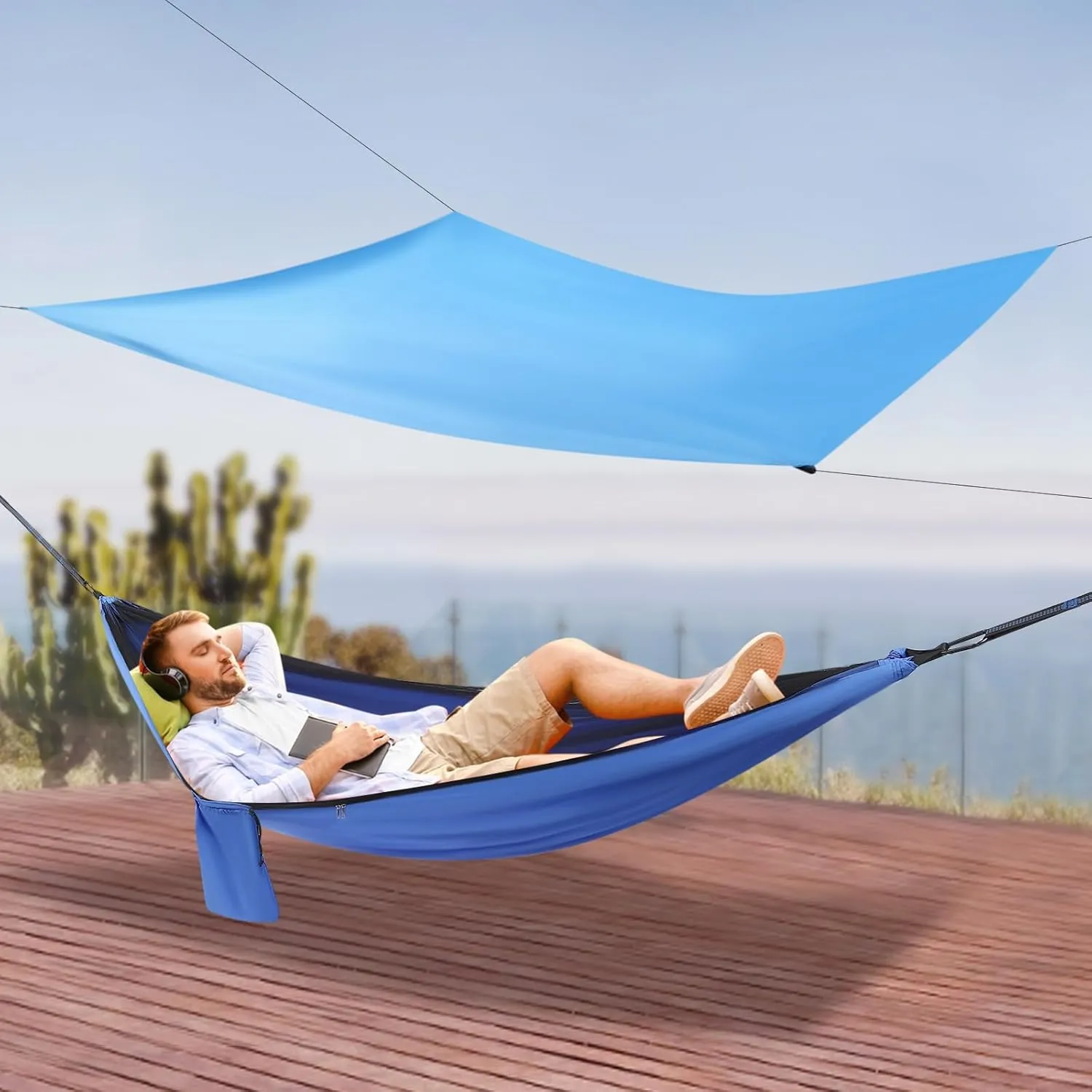 Camping Hammock, Portable Hammocks with Mosquito Net Tent and Rain Fly Tarp,Heavy Duty Tree Strap Nylon Parachute Hammock for Outdoor Backpacking Hiking Camping Traveling 440Lbs (Blue)