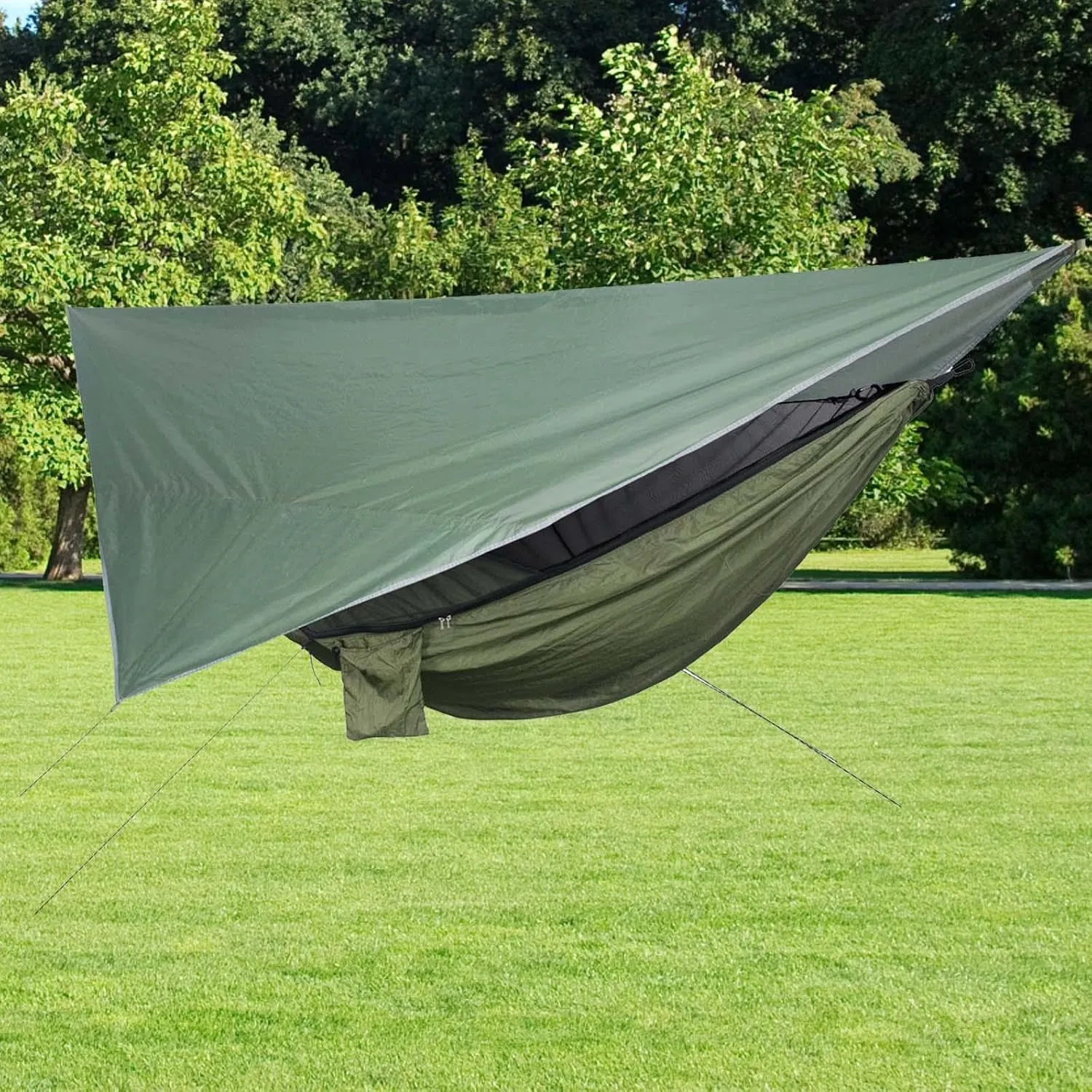 Camping Hammock Portable with Net Tent Tarp, Lightweight Rain Tarp Awning Nylon Hammock for Garden Outdoor Activities Patio, Green and Green
