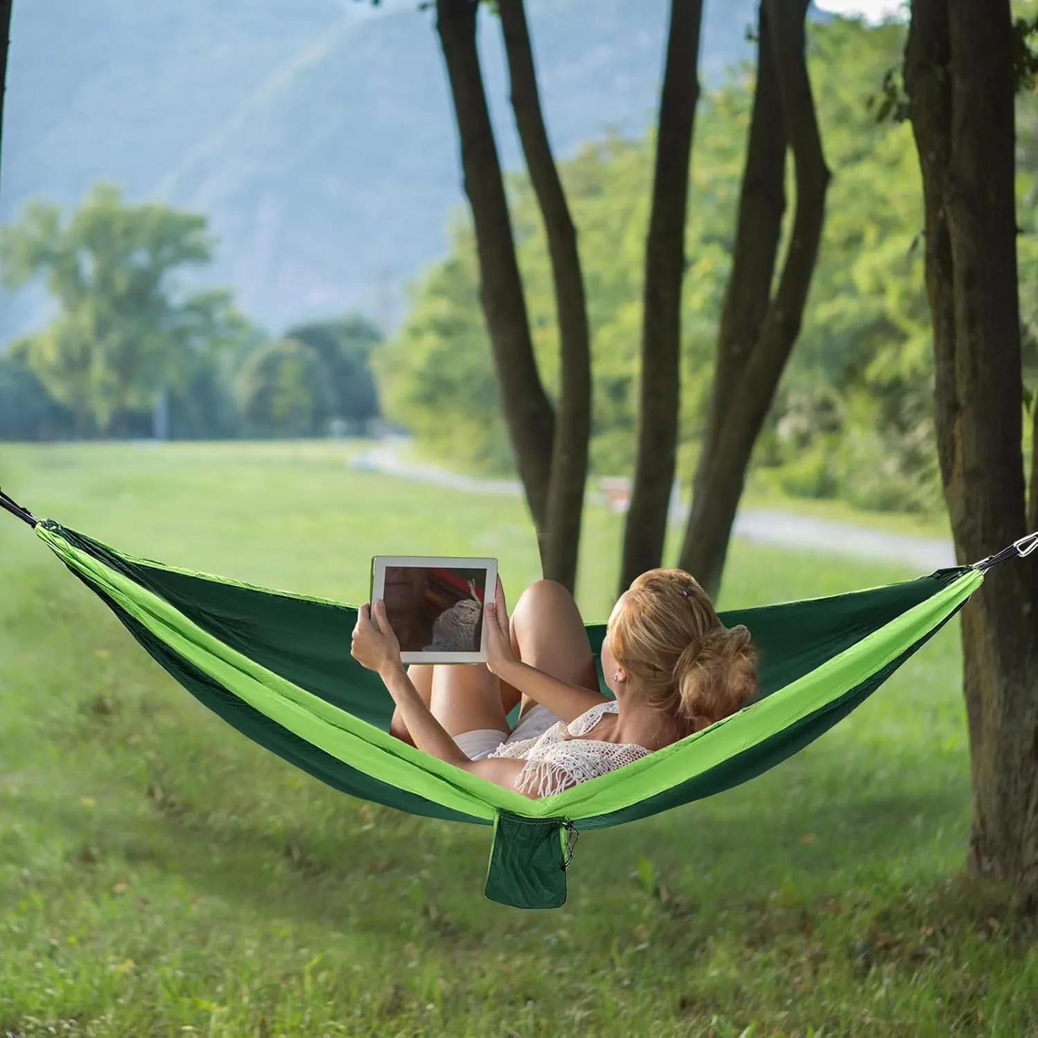 Camping Hammock, Single & Double Portable Hammocks with 2 Tree Straps, Travel Hammock for Camping, Outdoor Hammocks for Backpacking Hiking Travel Backyard (Blackish Green Light Green)
