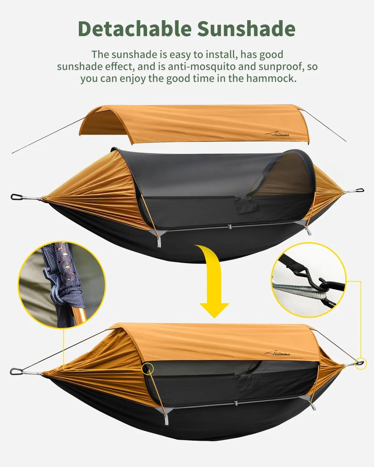 Camping Hammock Tent with Mosquito Net and Removable Sunshade, 4 in 1 Function, Lightweight Hanging Hammocks Tree Straps Swing, Bivvy Ground Tent for Outside, Hiking, and Travel