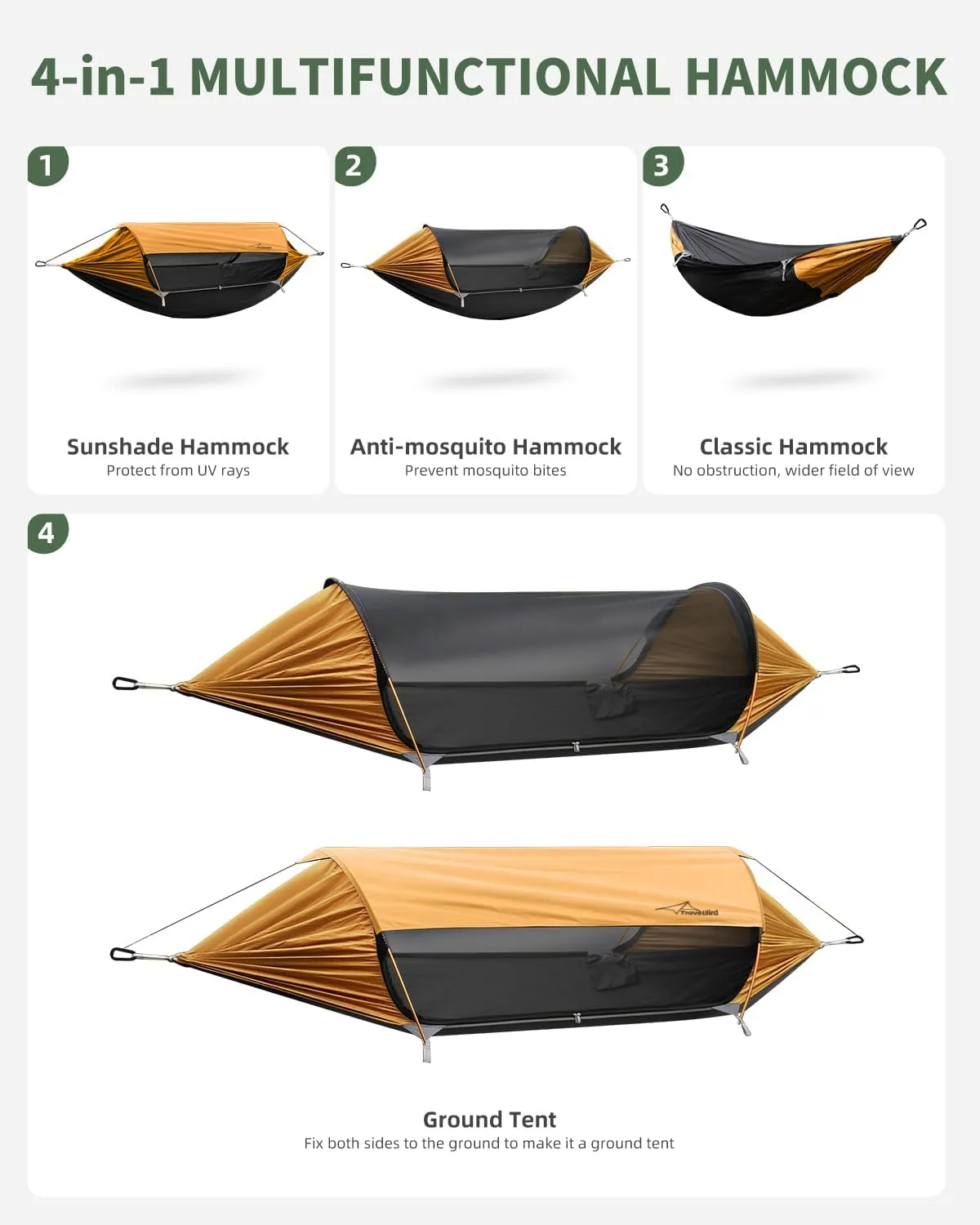 Camping Hammock Tent with Mosquito Net and Removable Sunshade, 4 in 1 Function, Lightweight Hanging Hammocks Tree Straps Swing, Bivvy Ground Tent for Outside, Hiking, and Travel