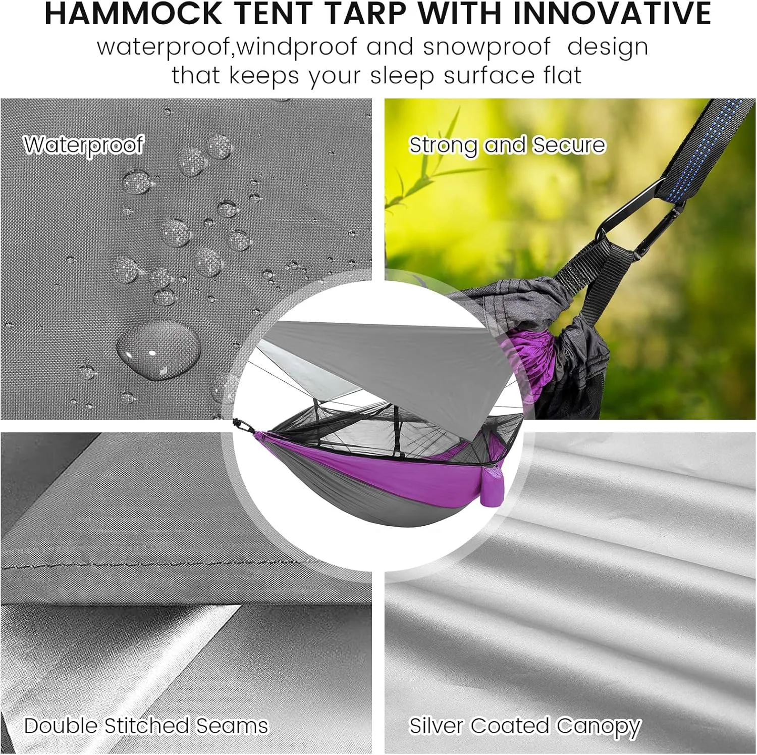 Camping Hammock with Mosquito Net & Rain Fly Tent Tarp & Tree Straps Portable Strong Nylon Hammock Parachute Tent w/Storage Bag for Camping Hiking Backyard Outdoor Backpacking Travel