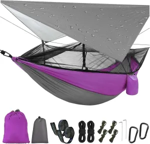 Camping Hammock with Mosquito Net & Rain Fly Tent Tarp & Tree Straps Portable Strong Nylon Hammock Parachute Tent w/Storage Bag for Camping Hiking Backyard Outdoor Backpacking Travel