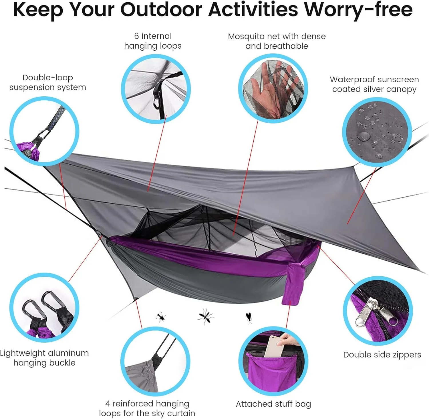 Camping Hammock with Mosquito Net & Rain Fly Tent Tarp & Tree Straps Portable Strong Nylon Hammock Parachute Tent w/Storage Bag for Camping Hiking Backyard Outdoor Backpacking Travel