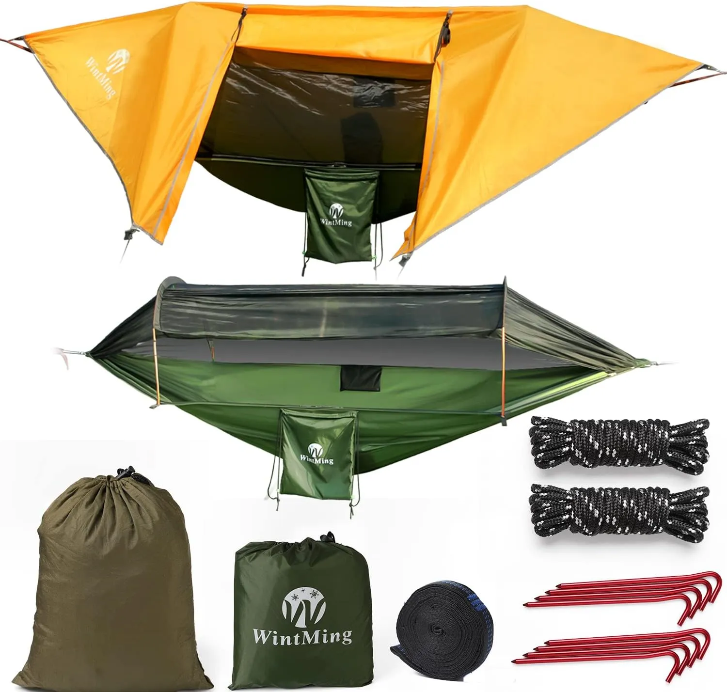 Camping Hammock with Mosquito Net and Rain Fly Cover Portable Lightweight 230T Nylon Hammocks with Removable Bug Net Outdoor Hiking Backpacking Travel Camping (Orange)