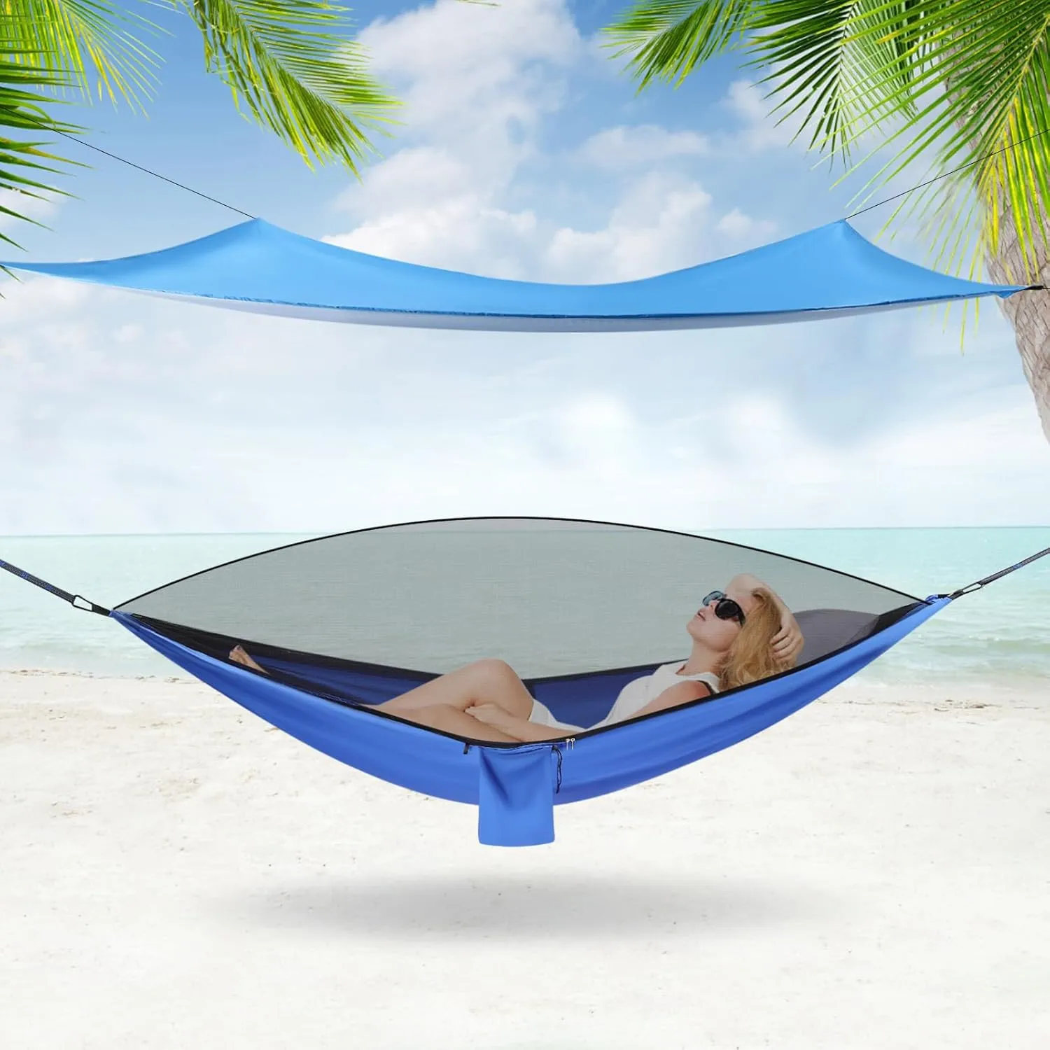 Camping Hammock with Mosquito Net and Rain Fly Tarp Hammock Tents for Camping with Tree Straps Portable Single & Double Nylon Hammock, Indoor Outdoor Backpacking Survival Travel (Blue)