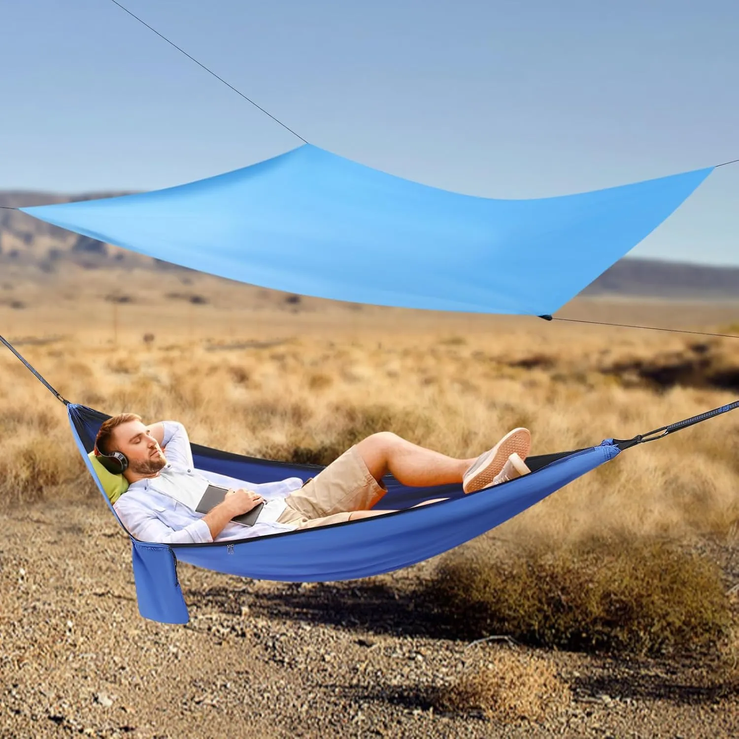 Camping Hammock with Mosquito Net and Rain Fly Tarp Hammock Tents for Camping with Tree Straps Portable Single & Double Nylon Hammock, Indoor Outdoor Backpacking Survival Travel (Blue)