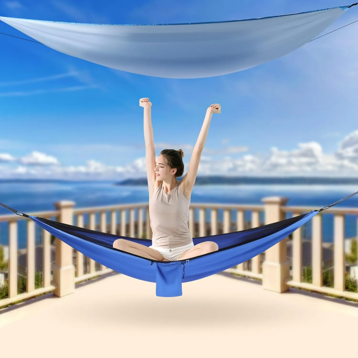 Camping Hammock with Mosquito Net and Rain Fly Tarp Hammock Tents for Camping with Tree Straps Portable Single & Double Nylon Hammock, Indoor Outdoor Backpacking Survival Travel (Blue)