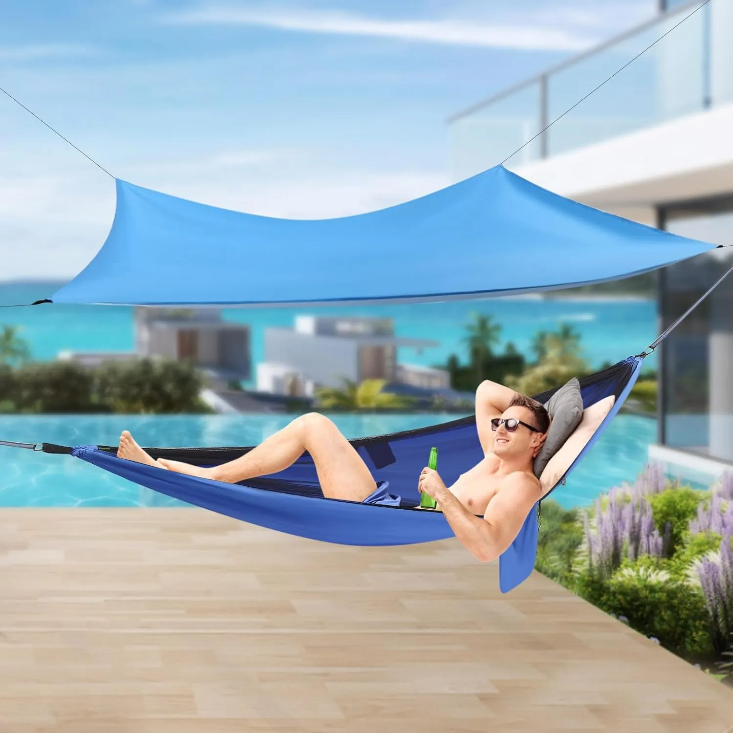 Camping Hammock with Mosquito Net and Rain Fly Tarp Hammock Tents for Camping with Tree Straps Portable Single & Double Nylon Hammock, Indoor Outdoor Backpacking Survival Travel (Blue)