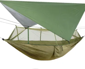 Camping Hammock with Net, 2 Person Portable Hammock, Nylon Parachute Hammock Tent with Tarp Tree Straps for Camping Backpacking Travel Beach Backyard Outdoor Hiking, Ship from US (Dark Green)