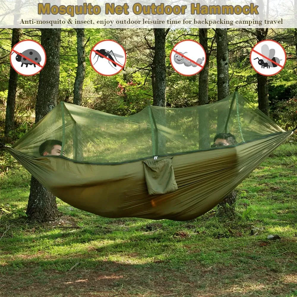 Camping Hammock with Net, 2 Person Portable Hammock, Nylon Parachute Hammock Tent with Tarp Tree Straps for Camping Backpacking Travel Beach Backyard Outdoor Hiking, Ship from US (Dark Green)