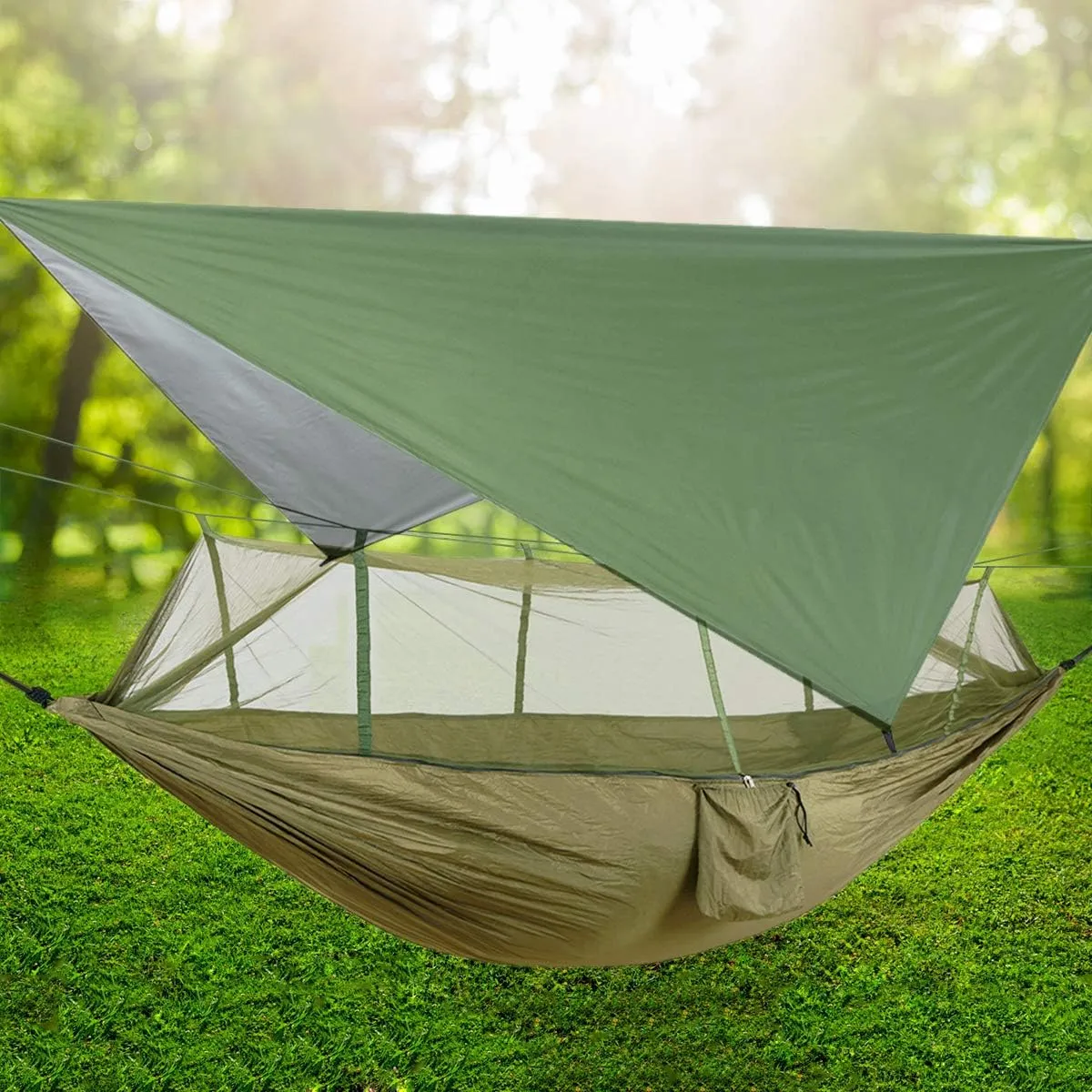 Camping Hammock with Net, 2 Person Portable Hammock, Nylon Parachute Hammock Tent with Tarp Tree Straps for Camping Backpacking Travel Beach Backyard Outdoor Hiking, Ship from US (Dark Green)