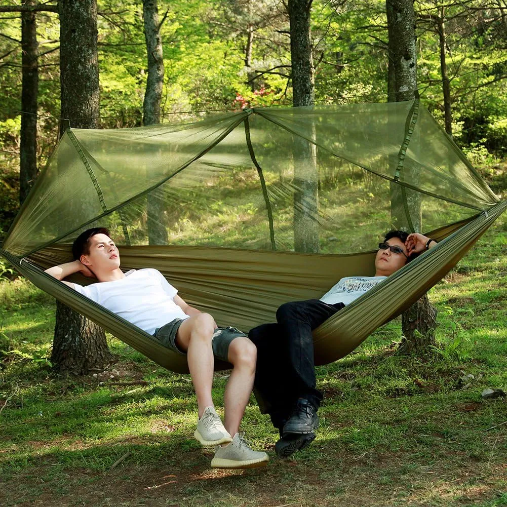 Camping Hammock with Net, 2 Person Portable Hammock, Nylon Parachute Hammock Tent with Tarp Tree Straps for Camping Backpacking Travel Beach Backyard Outdoor Hiking, Ship from US (Green Camouflage)