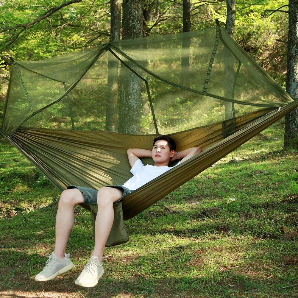Camping Hammock with Net, 2 Person Portable Hammock, Nylon Parachute Hammock Tent with Tarp Tree Straps for Camping Backpacking Travel Beach Backyard Outdoor Hiking, Ship from US (Green Camouflage)
