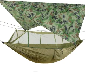 Camping Hammock with Net, 2 Person Portable Hammock, Nylon Parachute Hammock Tent with Tarp Tree Straps for Camping Backpacking Travel Beach Backyard Outdoor Hiking, Ship from US (Green Camouflage)