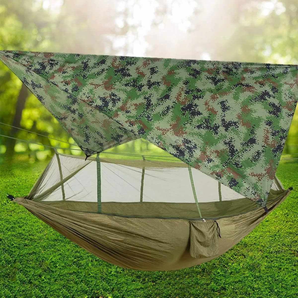 Camping Hammock with Net, 2 Person Portable Hammock, Nylon Parachute Hammock Tent with Tarp Tree Straps for Camping Backpacking Travel Beach Backyard Outdoor Hiking, Ship from US (Green Camouflage)