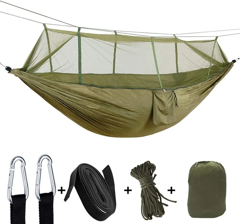 Camping Hammock with Net, 2 Person Portable Hammock, Nylon Parachute Hammock Tent with Tarp Tree Straps for Camping Backpacking Travel Beach Backyard Outdoor Hiking, Ship from US (Green Camouflage)