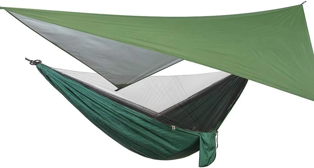Camping Hammock with Net, 2 Person Portable Hammock, Nylon Parachute Hammock Tent with Tarp Tree Straps for Camping Backpacking Travel Beach Backyard Outdoor Hiking, Ship from US (Green)