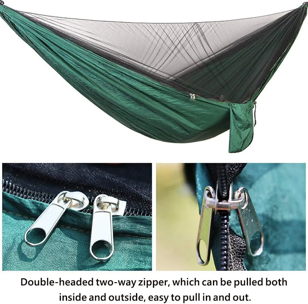 Camping Hammock with Net, 2 Person Portable Hammock, Nylon Parachute Hammock Tent with Tarp Tree Straps for Camping Backpacking Travel Beach Backyard Outdoor Hiking, Ship from US (Green)
