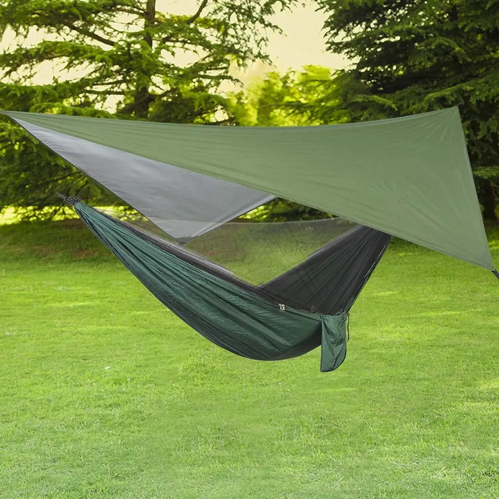 Camping Hammock with Net, 2 Person Portable Hammock, Nylon Parachute Hammock Tent with Tarp Tree Straps for Camping Backpacking Travel Beach Backyard Outdoor Hiking, Ship from US (Green)