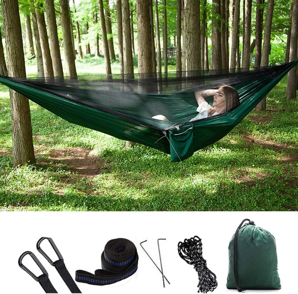 Camping Hammock with Net, 2 Person Portable Hammock, Nylon Parachute Hammock Tent with Tarp Tree Straps for Camping Backpacking Travel Beach Backyard Outdoor Hiking, Ship from US (Green)