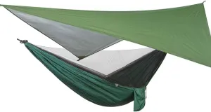 Camping Hammock with Net, 2 Person Portable Hammock, Nylon Parachute Hammock Tent with Tarp Tree Straps for Camping Backpacking Travel Beach Backyard Outdoor Hiking, Ship from US (Green)