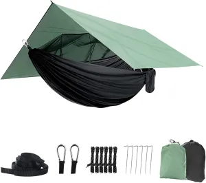 Camping Hammock with Net,Tree Straps and Removable Rain Fly Tarp,Lightweight Double Hammock,Portable Hammock Rainfly Set for Outdoor Hiking Backpacking,Travel (Black&Green)