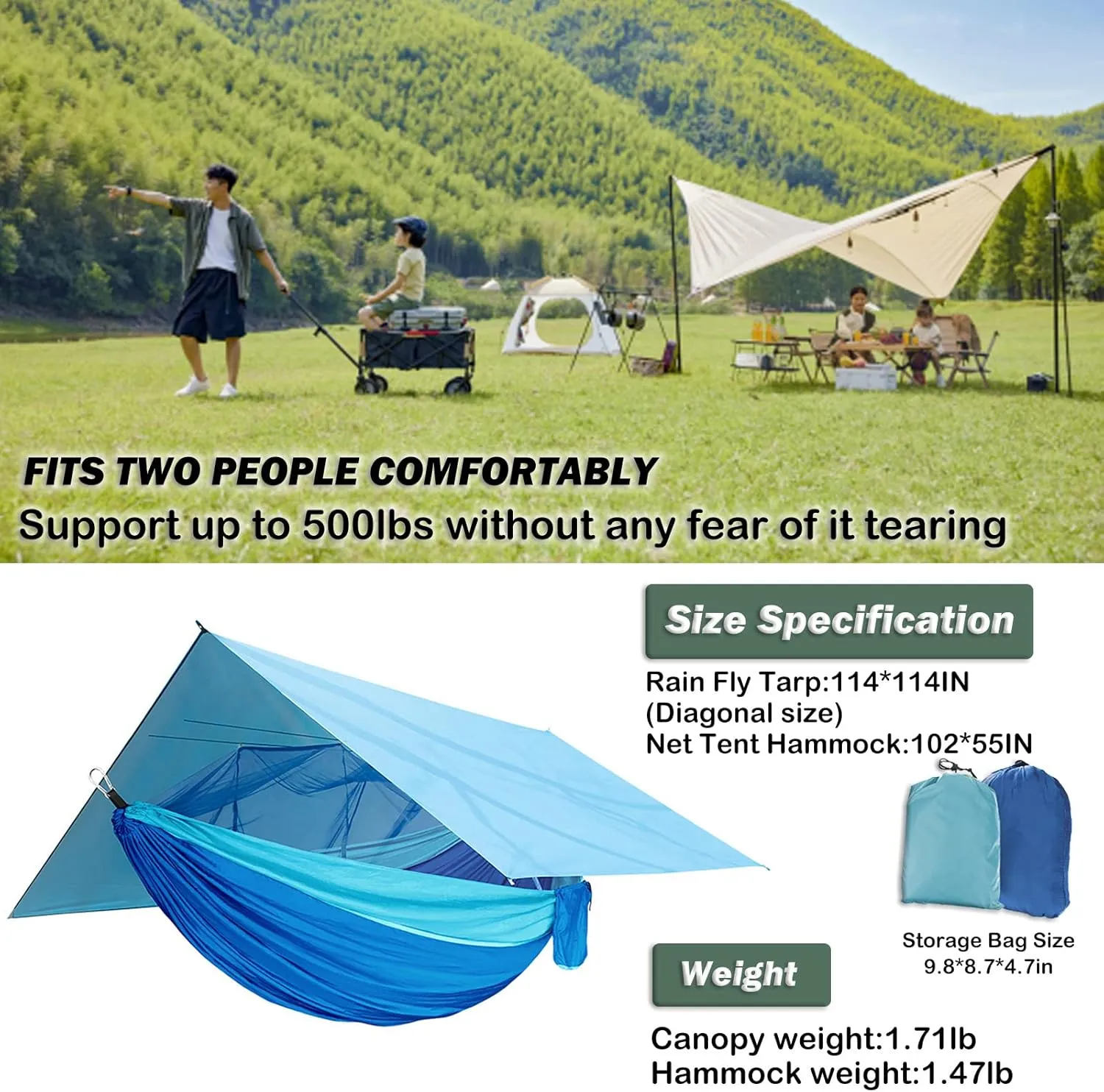 Camping Hammock with Net,Tree Straps and Removable Rain Fly Tarp,Lightweight Double Hammock,Portable Hammock Rainfly Set for Outdoor Hiking Backpacking,Travel (Blue)