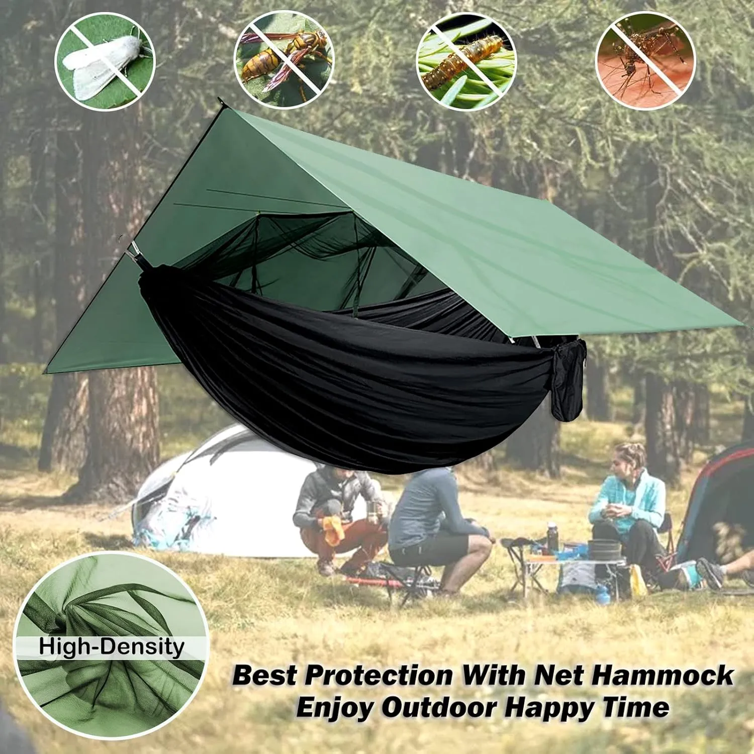 Camping Hammock with Net,Tree Straps and Removable Rain Fly Tarp,Lightweight Double Hammock,Portable Hammock Rainfly Set for Outdoor Hiking Backpacking,Travel (Blue)
