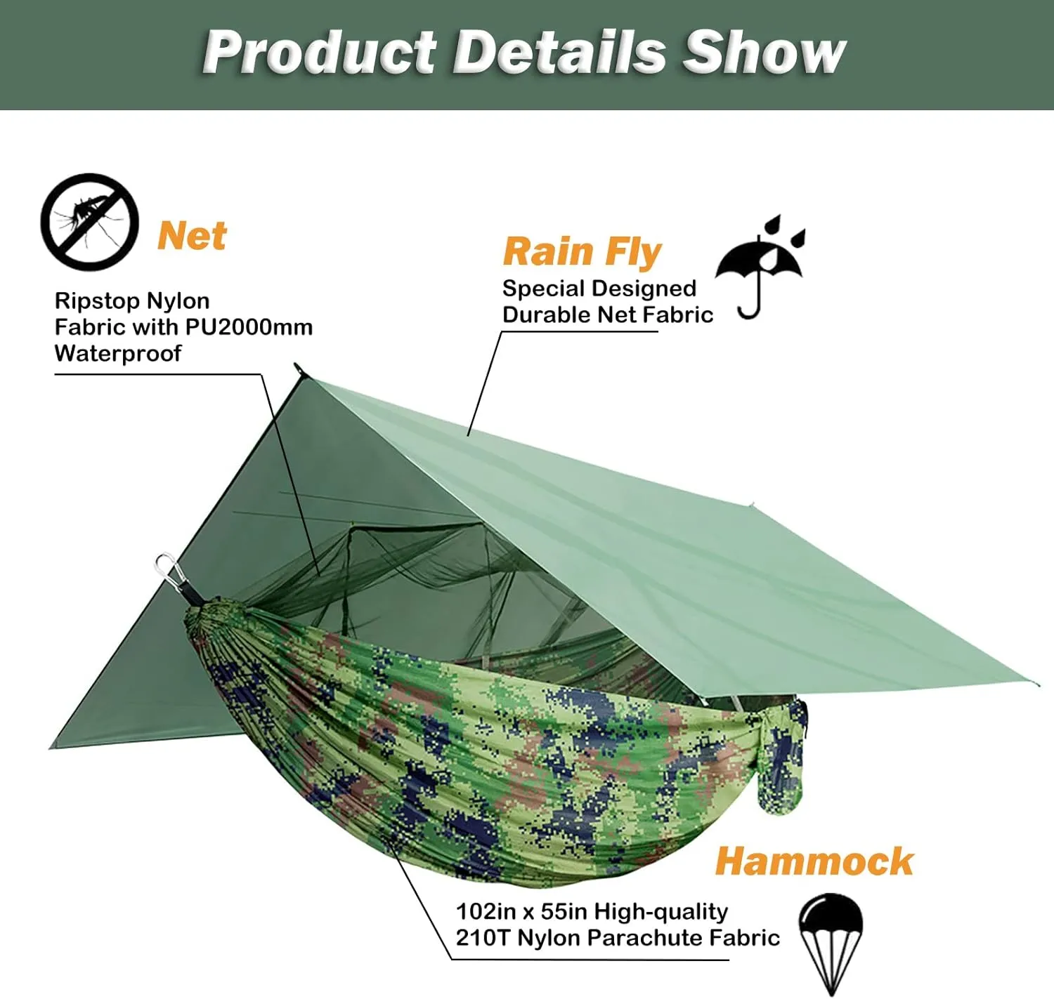 Camping Hammock with Net,Tree Straps and Removable Rain Fly Tarp,Lightweight Double Hammock,Portable Hammock Rainfly Set for Outdoor Hiking Backpacking,Travel (Blue)