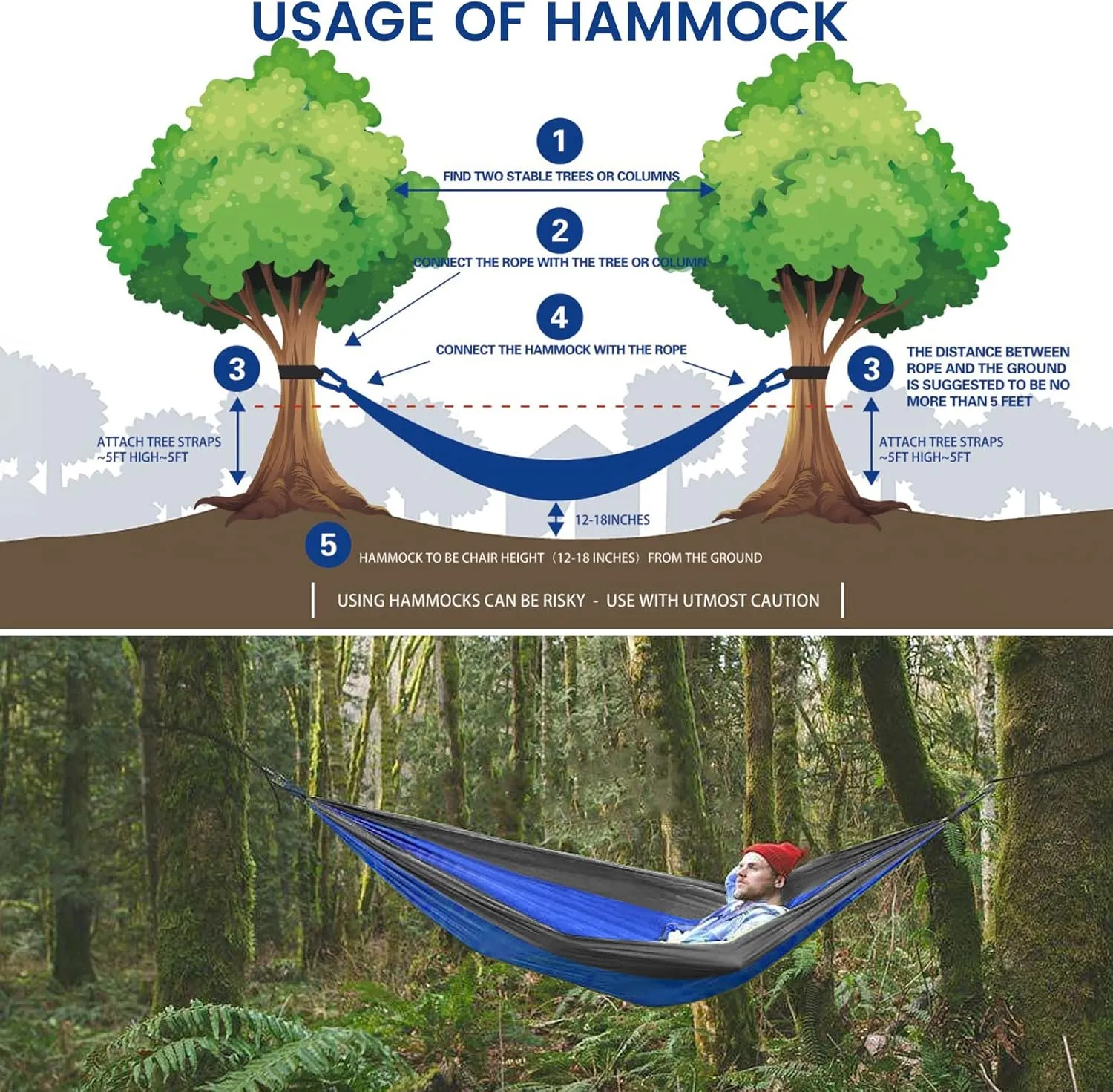 Camping Hammock with Rain Fly Mosquito Net, Waterproof Portable Nylon Hammock Tent Set with Pocket for Backpacking Hiking Travel Outdoor (Royal Blue)