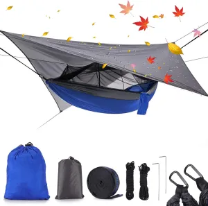 Camping Hammock with Rain Fly Mosquito Net, Waterproof Portable Nylon Hammock Tent Set with Pocket for Backpacking Hiking Travel Outdoor (Royal Blue)