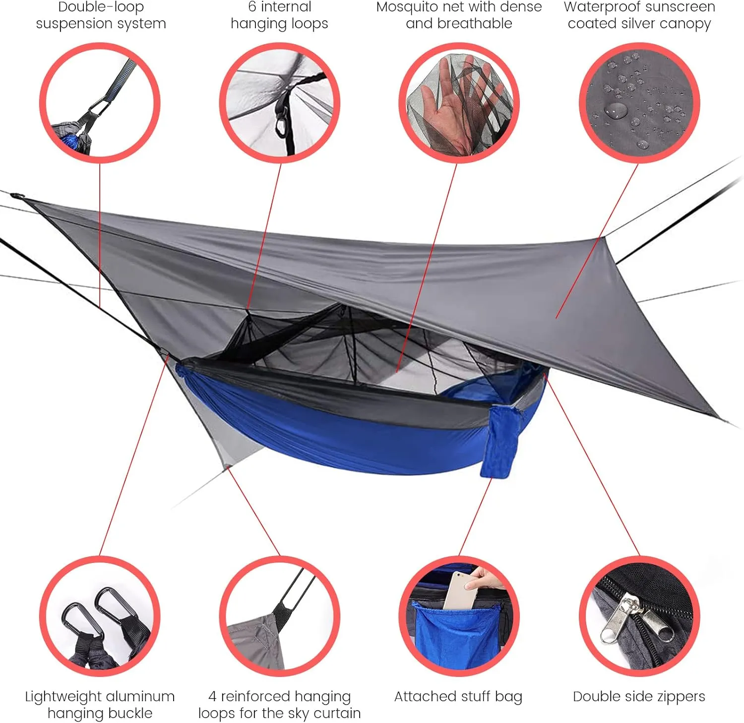 Camping Hammock with Rain Fly Mosquito Net, Waterproof Portable Nylon Hammock Tent Set with Pocket for Backpacking Hiking Travel Outdoor (Royal Blue)
