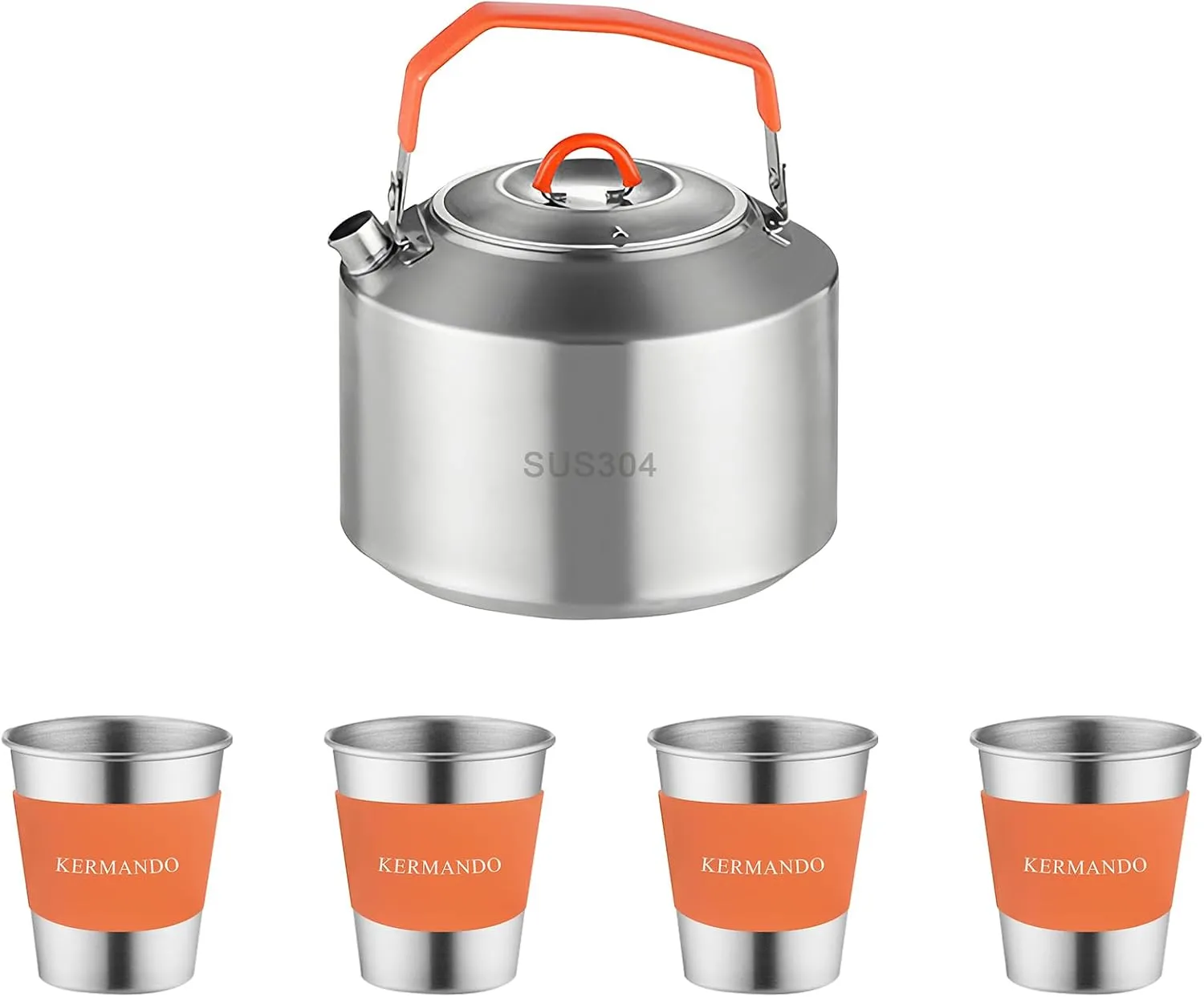 Camping Kettle Set, 1.5 L Stainless Steel Kettle with 4 Stackable 300 ML Cups, Anti-Scald Handle, Removable Silicone Covers, and Mesh Bag - ideal for Boiling Water and Making Coffee Outdoors