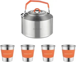 Camping Kettle Set, 1.5 L Stainless Steel Kettle with 4 Stackable 300 ML Cups, Anti-Scald Handle, Removable Silicone Covers, and Mesh Bag - ideal for Boiling Water and Making Coffee Outdoors