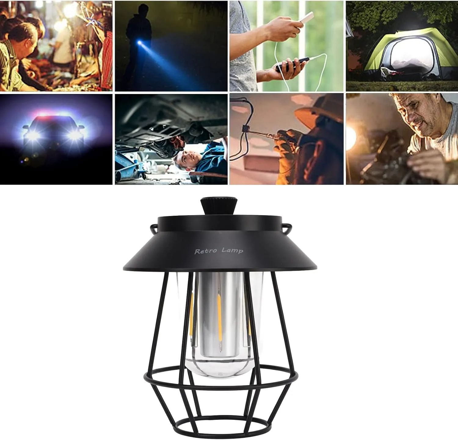 Camping Lantern, Rechargeable Camping Railroad Lantern Waterproof USB Rechargeable 3 Modes Handheld Vintage Lantern Railroad Lantern with Metal Hook for Outdoor Camping(Black)