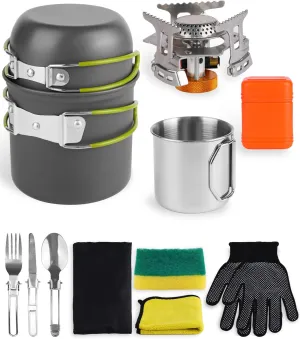 Camping Mess Kit - Cooking Set, Essentials With Pot, Backpacking Stove, Cup, Cleaning Tools and Fork Spoon Kit, for Hiking and Picnic